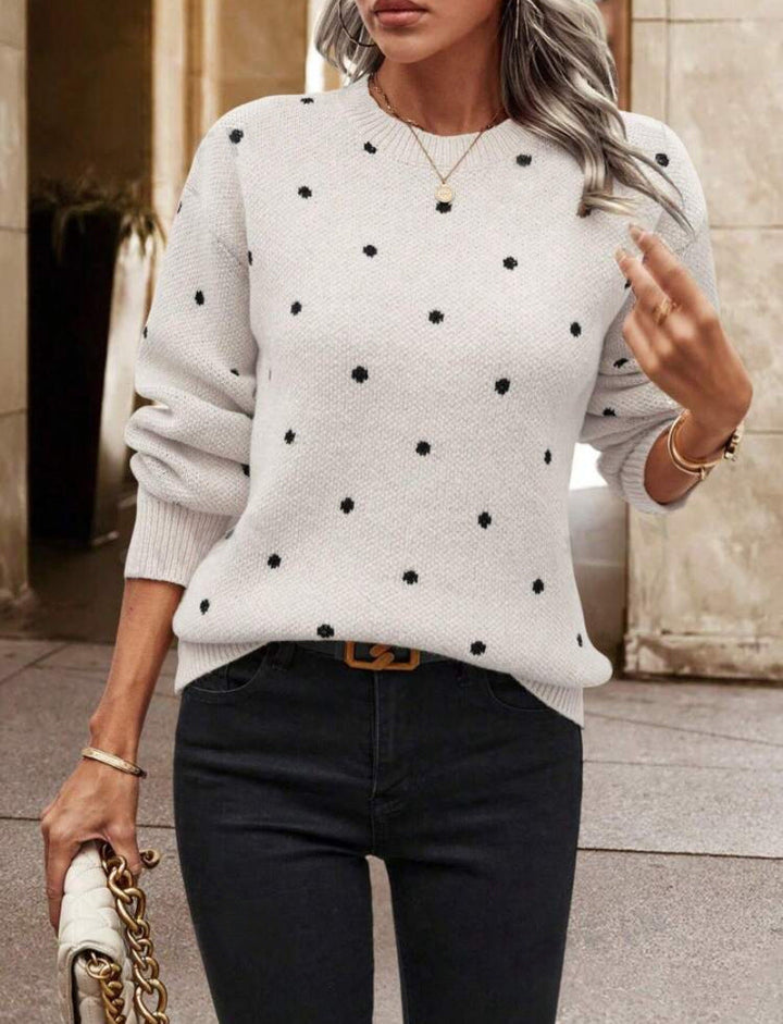 Women’s Knitted Pullover Sweater - Relaxed Fit - Polka Dot Pattern - Long Sleeve