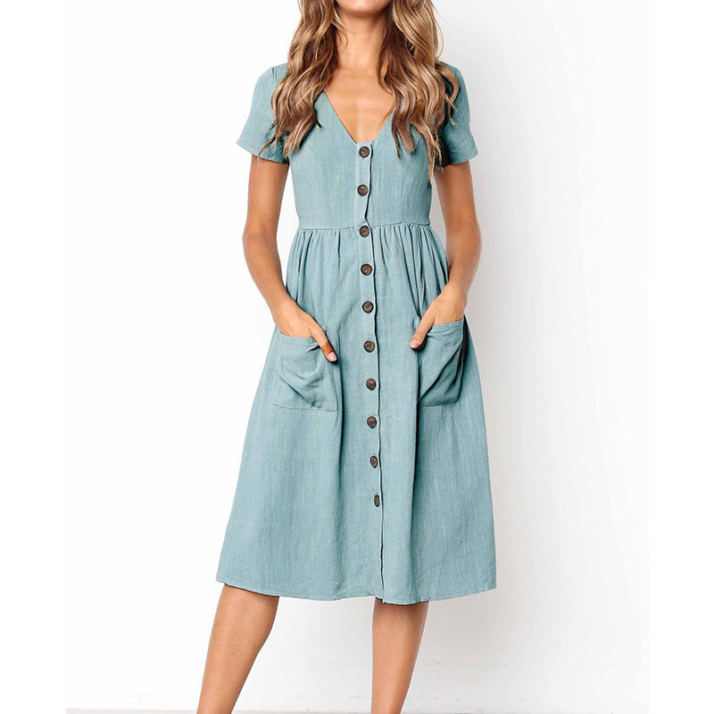Women’s A-Line Dress – Button Front – V-Neck – Short Sleeve – Breathable Blend – Midi Length
