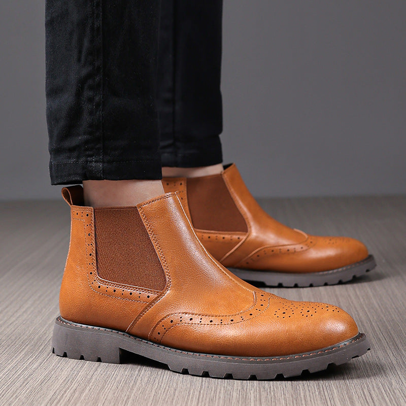 Men’s Chelsea Boots – Polished Leather – Brogue Detailing – Ankle High – Slip-On Fit
