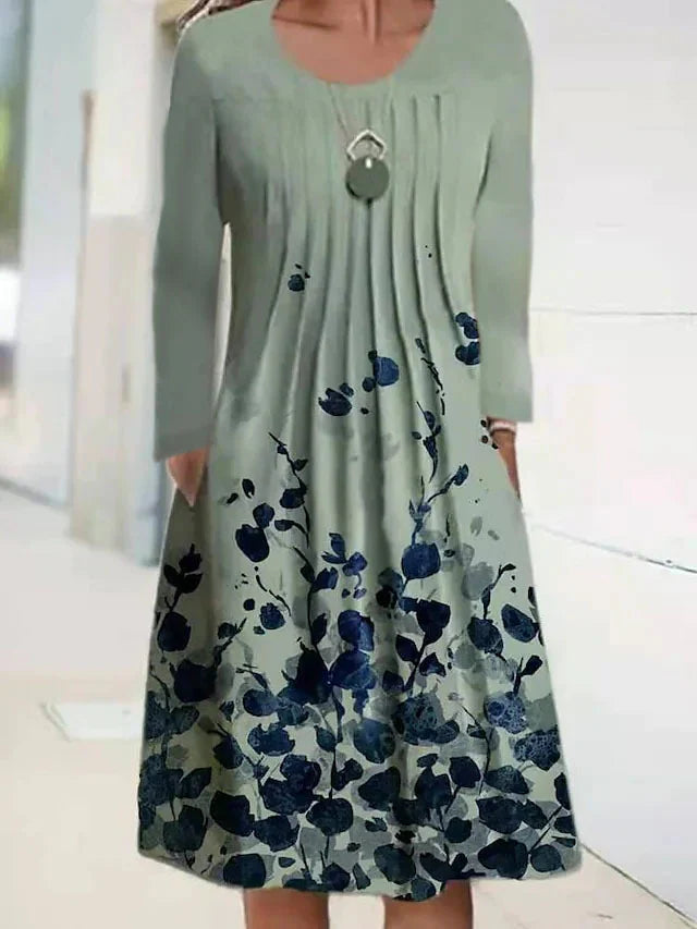 Women’s Casual Dress – A-Line Fit – Cotton Blend – Long Sleeve – Pleated Bodice – Floral Accent