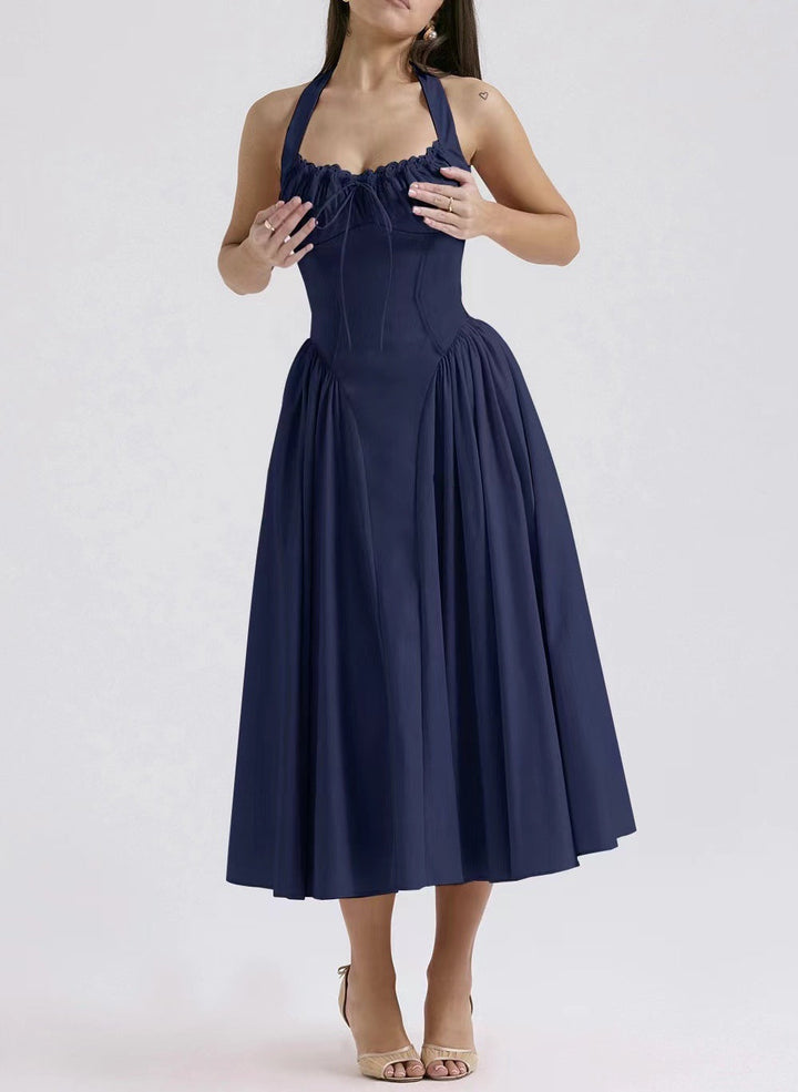 Women’s Halter Neck Dress – Satin Feel – Fitted Bodice – Gathered Bust – Midi A-Line Skirt