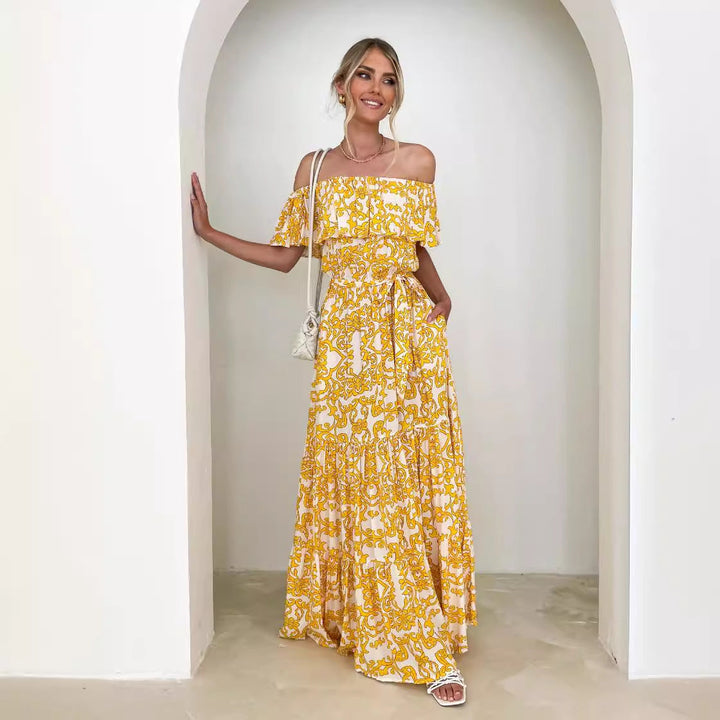 Women’s Maxi Dress – Off Shoulder – Flowing Fit – Tiered Skirt – Cinched Waist Tie