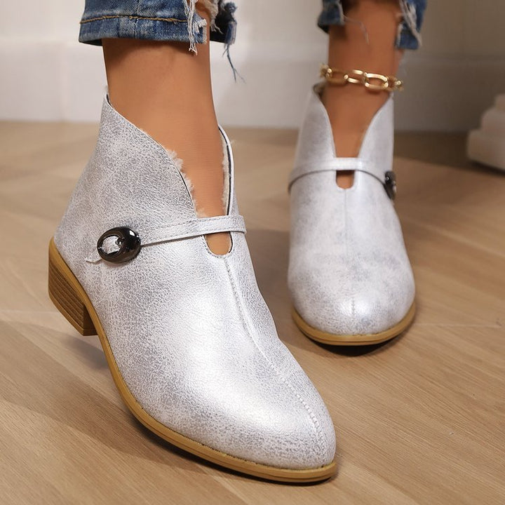 Women’s Ankle Boots – Suede Finish – Pointed Toe – Buckle Strap – Low Block Heel