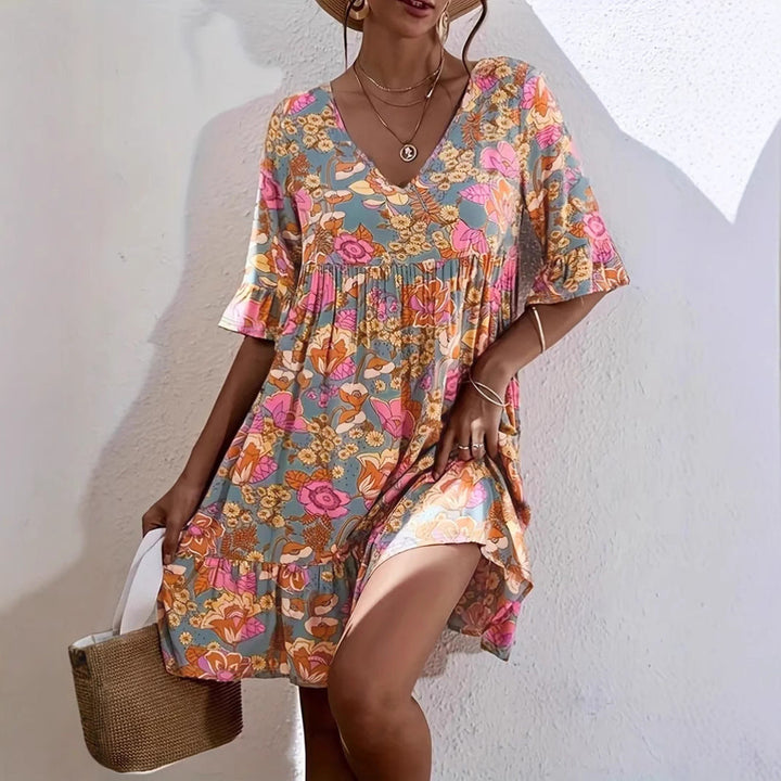 Women’s Boho Dress – Flowy Fit – V-Neck – Ruffle Sleeve – Floral Print – Cotton