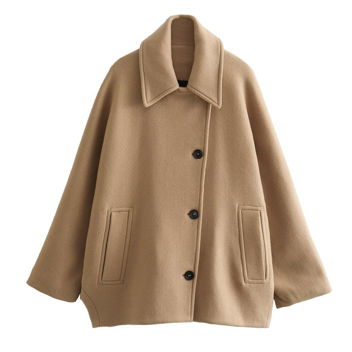 Women’s Wool Jacket - Oversized Fit - Wide Collar - Button Front - Casual Mid-Length
