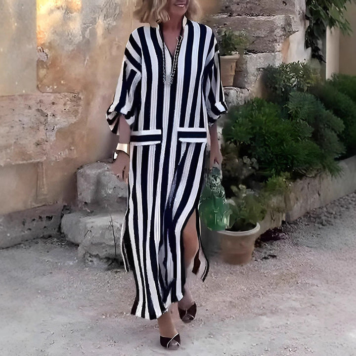 Women’s Maxi Dress – Relaxed Fit – V-Neck – Vertical Stripes – Breathable Blend