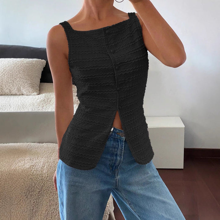 Women’s Sleeveless Top - Square Neckline - Textured Fabric - Front Slit - Fitted Silhouette