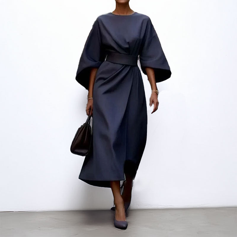Women's Long Dress – Batwing Sleeve – Cinched Waist – Asymmetrical Draped Fit