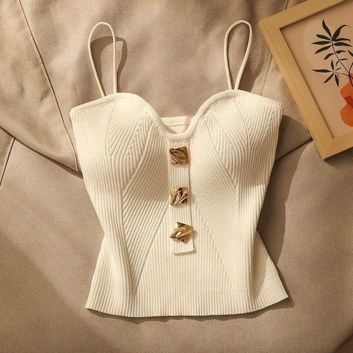 Women’s Knit Crop Camisole – Slim Fit – Ribbed Texture – Spaghetti Straps – Metal Accents