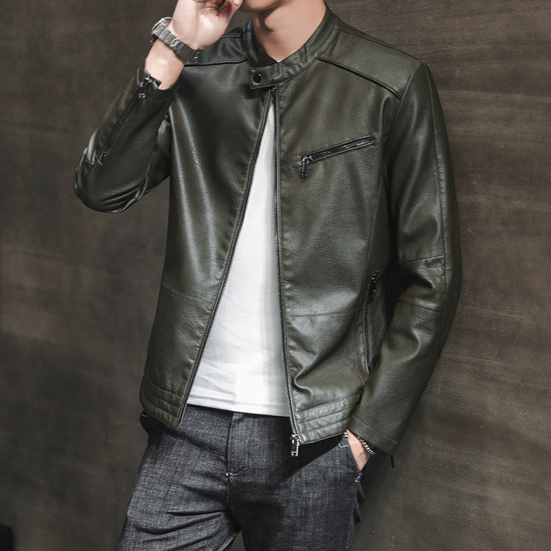 Men’s Biker Jacket - Slim Fit Leather - Stand Collar - Zippered Pockets Casual Style