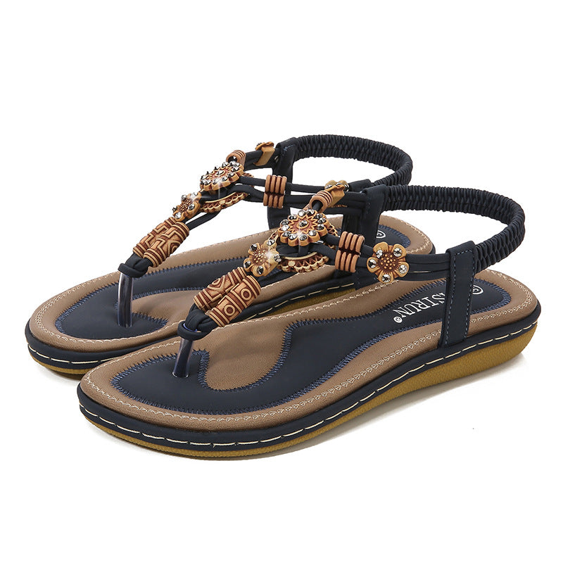 Women’s Flat Sandals – Boho Bead Embellished – Woven Thong Strap – Casual Fit