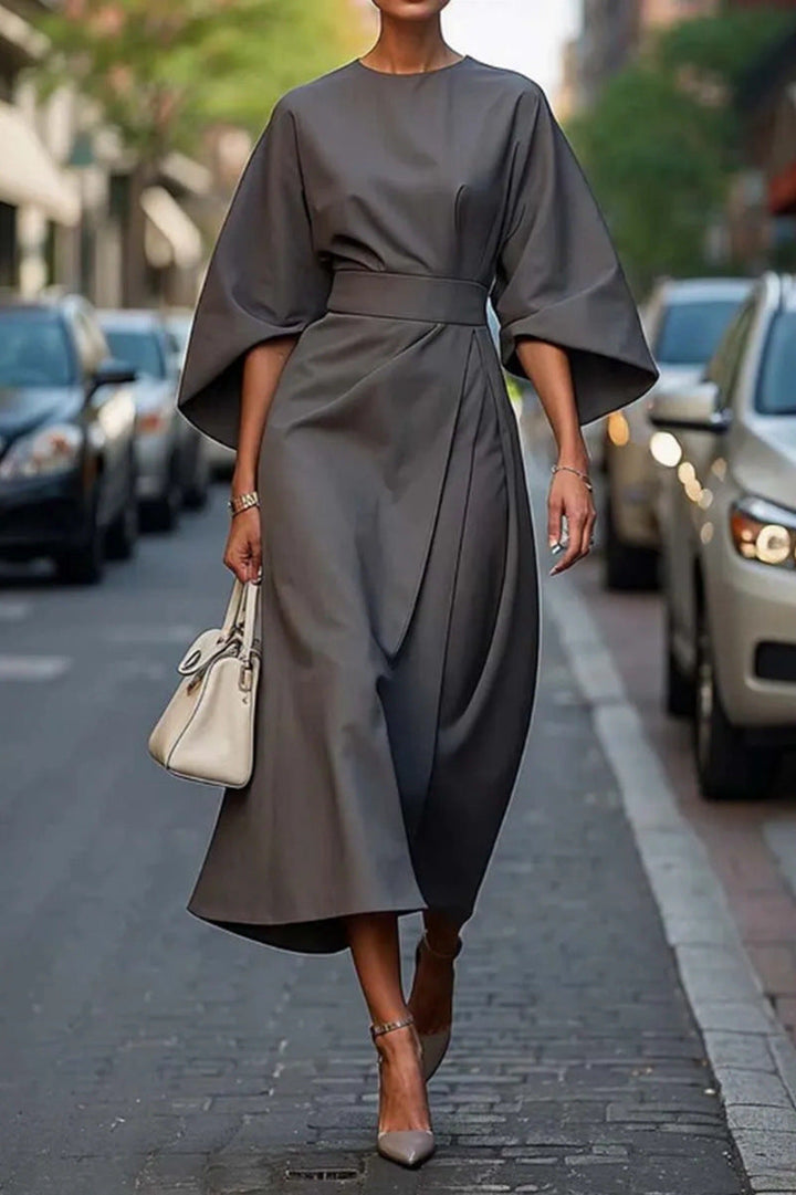 Women’s Long Dress - Draped Fit - Belted Waist - ¾ Sleeve - Elegant Eveningwear