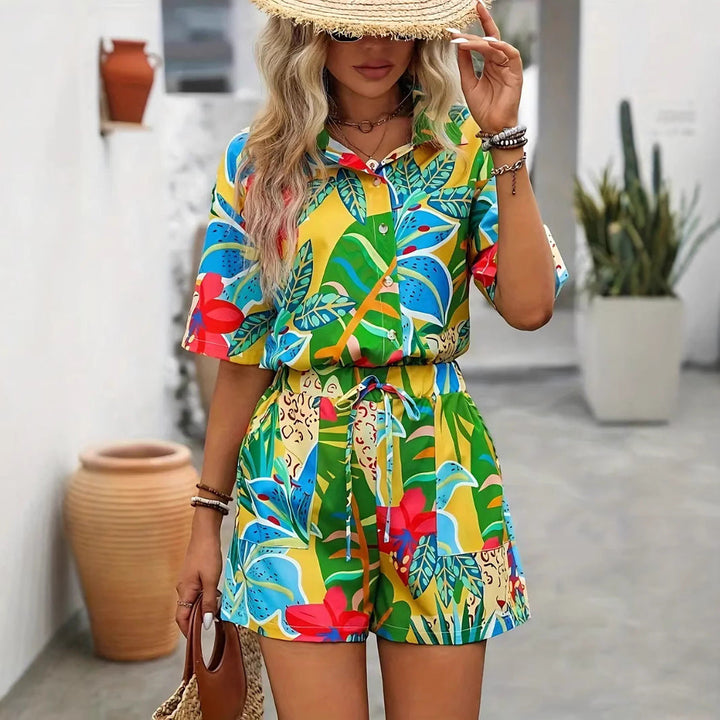 Women’s Two-Piece Set – Relaxed Fit Button-Up Shirt & Shorts – Lightweight Breathable Fabric