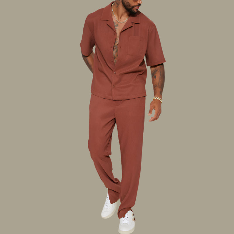 Men’s Casual Set – Relaxed Fit Shirt with Collar – Full-Length Pants