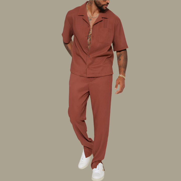 Men’s Casual Set – Relaxed Fit Shirt with Collar – Full-Length Pants