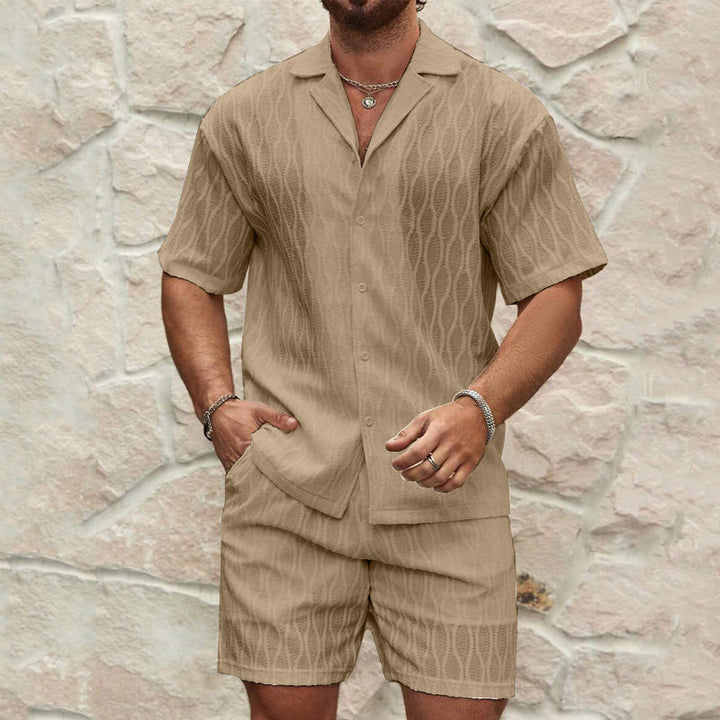 Men’s Two-Piece Set – Button-Up Shirt & Shorts – Relaxed Fit – Notched Collar – Lightweight Cotton