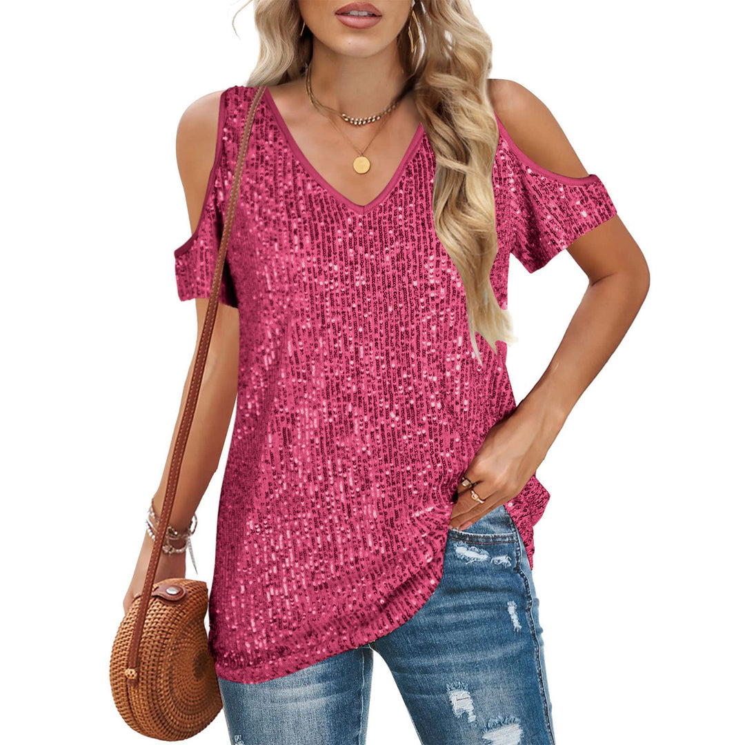 Women’s V-Neck Top – Relaxed Fit – Cold Shoulder – Sequin Front – Short Sleeve