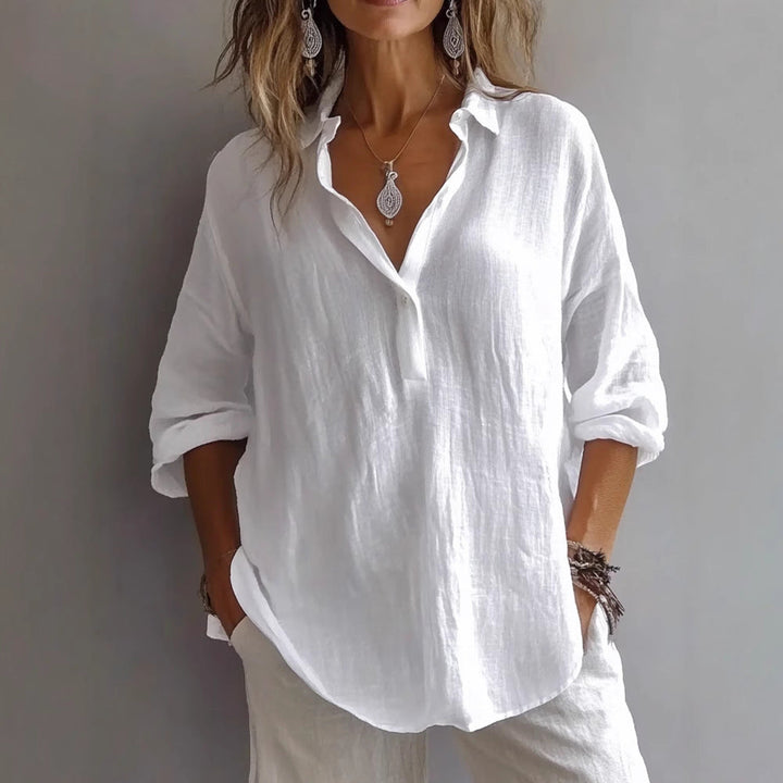 Women’s V-Neck Shirt – Natural Fibers – Loose Fit – Long Sleeve Casual Style