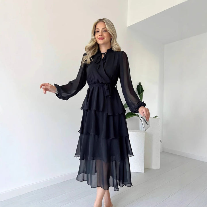 Women’s Midi Dress – Tiered A-Line Silhouette – Sheer Long Sleeve – High Neck Tie Waist