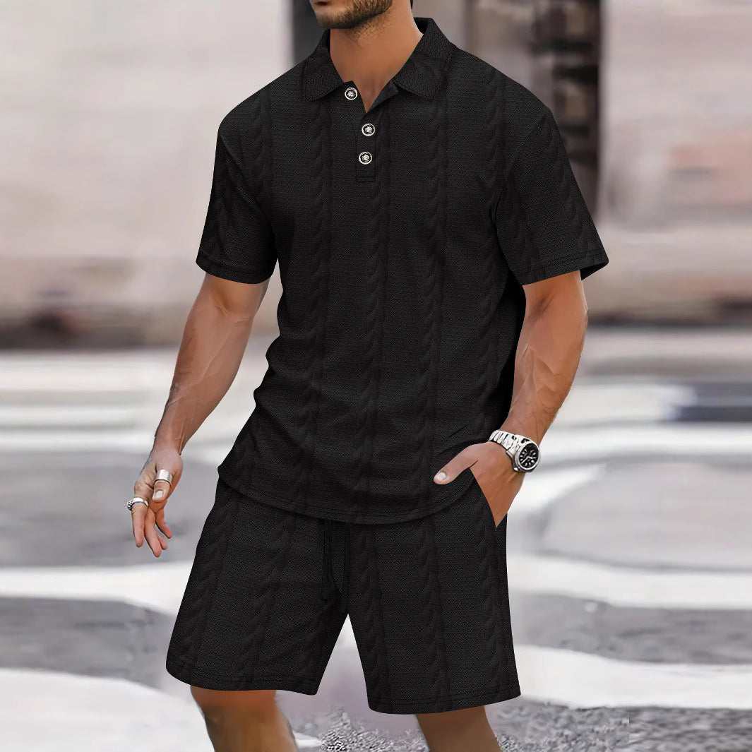 Men’s Shirt and Short Set – Relaxed Fit – Knit Texture – Button Front – Elastic Waist