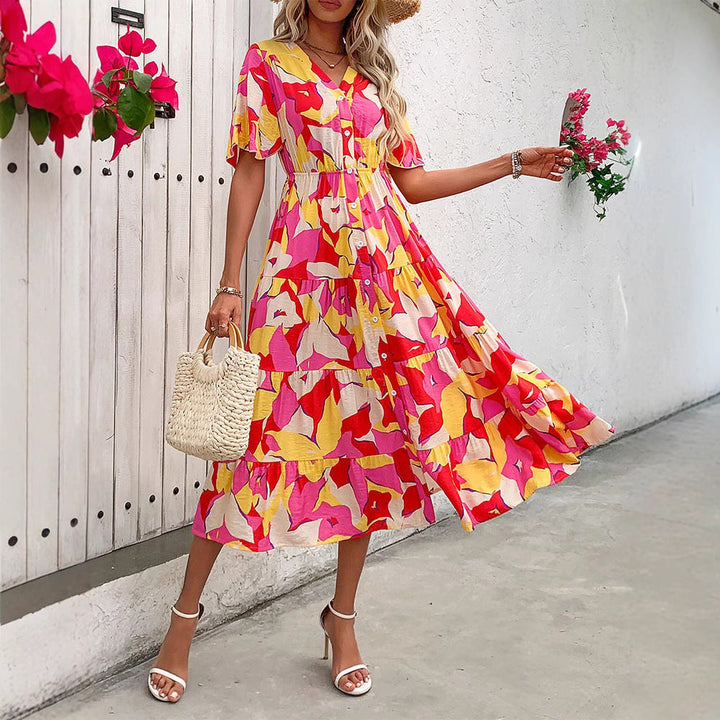 Women’s Midi Dress – Flutter Sleeves – V-Neck – Button Front – Bold Print – Flowy Fit