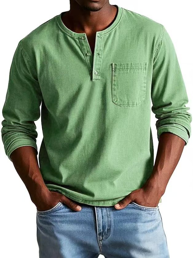 Men’s Long Sleeve T-Shirt – Slim Fit – Breathable Blend – Button Neck with Chest Pocket