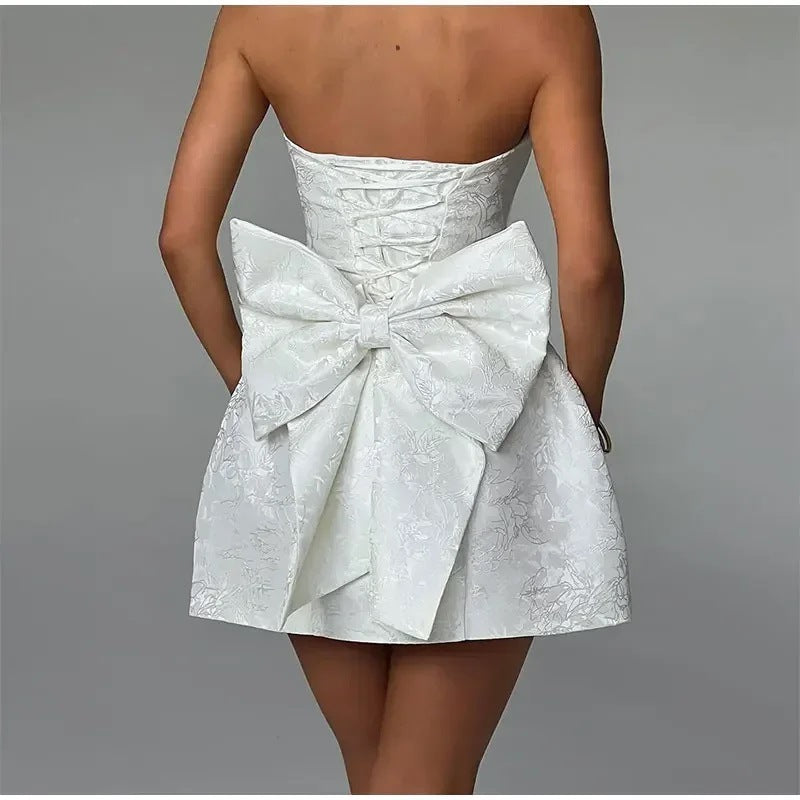 Women’s Mini Dress – Strapless Satin Jacquard – Fitted Bodice – Back Bow Detail