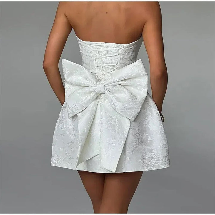 Women’s Mini Dress – Strapless Satin Jacquard – Fitted Bodice – Back Bow Detail