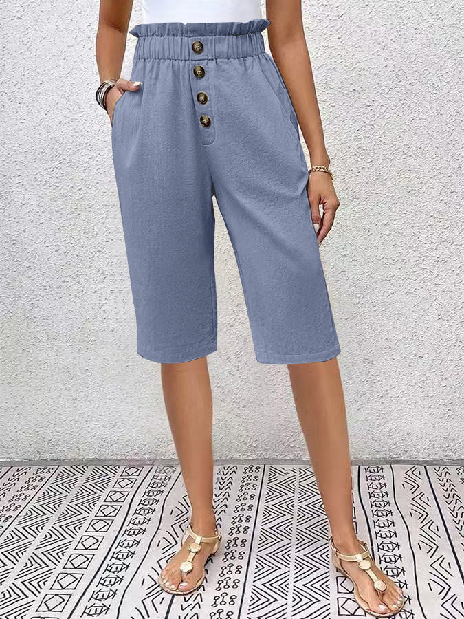 Women’s Bermuda Shorts - Relaxed Fit - Elastic Waist - Button Front - Lightweight Fabric