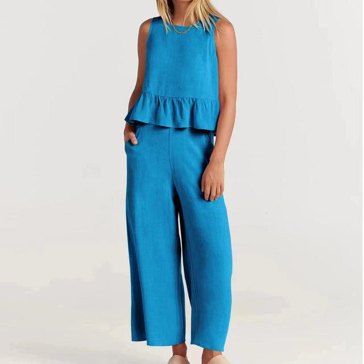 Women’s Two-Piece Set – Sleeveless Peplum Top – Wide-Leg High-Waist Pants – Lightweight Breathable