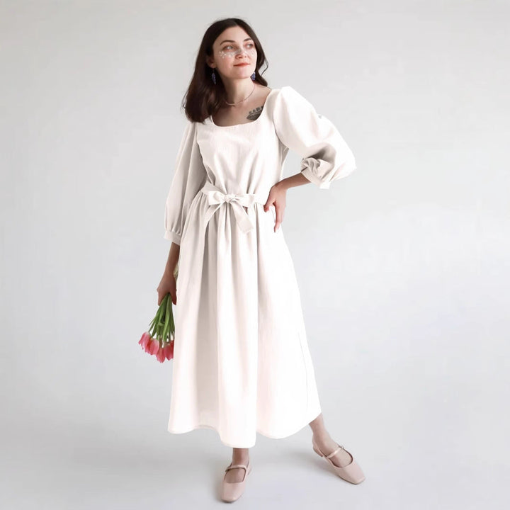 Women’s Midi Dress – Lightweight Cotton – A-Line Fit – Square Neck – 3/4 Puff Sleeve