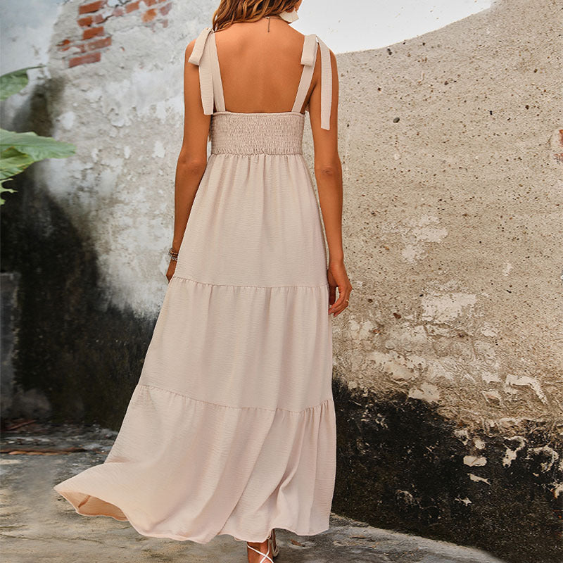 Women’s Maxi Dress - Relaxed Fit - Tiered Skirt - Sleeveless Natural Fibers