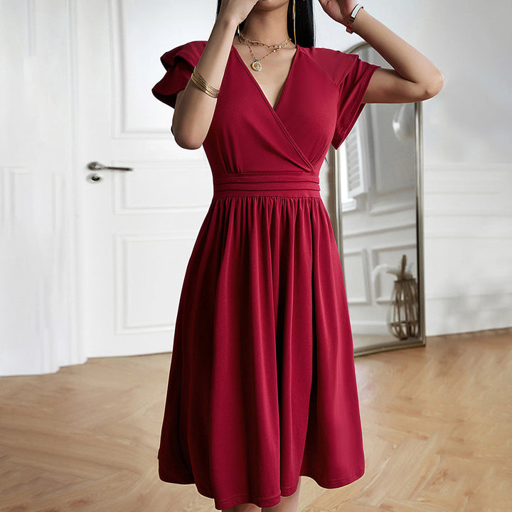Women's Midi Dress - Wrap V-Neck - Short Puff Sleeves - Cinched Waist - A-Line Silhouette