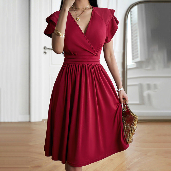 Women's V-Neck Wrap Dress - Short Flutter Sleeve - Fitted Waist - Knee-Length Elegant Wear