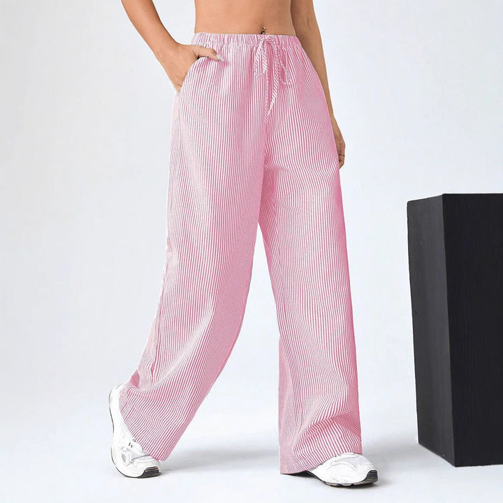 Women’s Straight-Leg Pants – Relaxed Fit – Breathable Fabric – Drawstring Waist – Striped