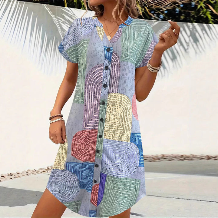 Women’s Dress – V-Neck Button Front – Loose Fit – Short Sleeve – Cotton Blend – Geometric Print
