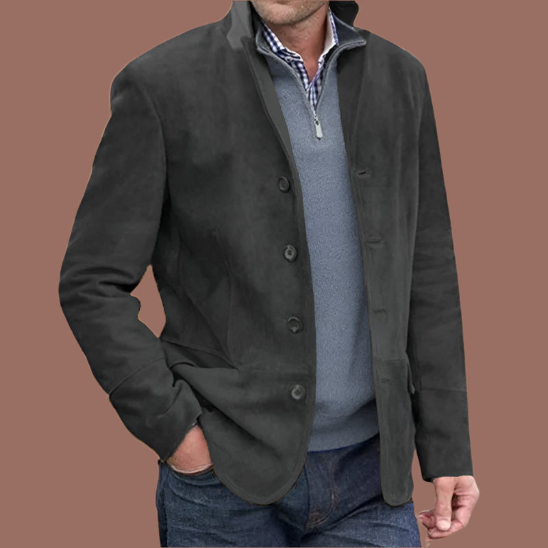 Men’s Suede Feel Jacket - Regular Fit - Stand Collar - Button Front - Vintage Style