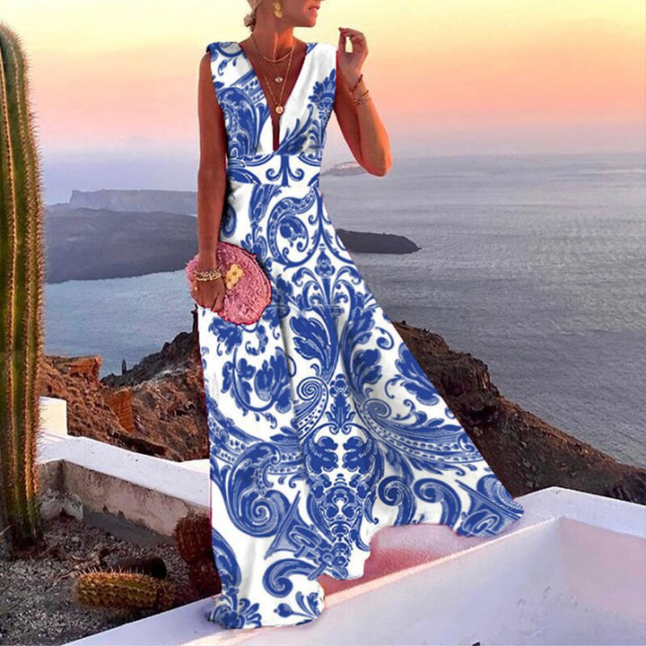 Women’s Maxi Dress – Flowing Fit – Deep V-Neck – Sleeveless – Geometric Pattern