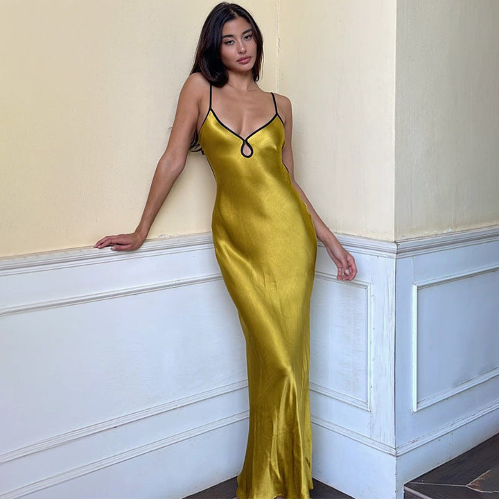 Women’s Slip Dress - Satin Finish - Deep V Neckline - Spaghetti Straps - Keyhole Detail