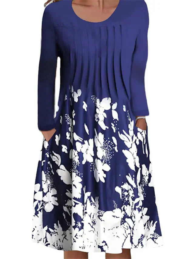 Women’s Casual Dress – A-Line Fit – Cotton Blend – Long Sleeve – Pleated Bodice – Floral Accent