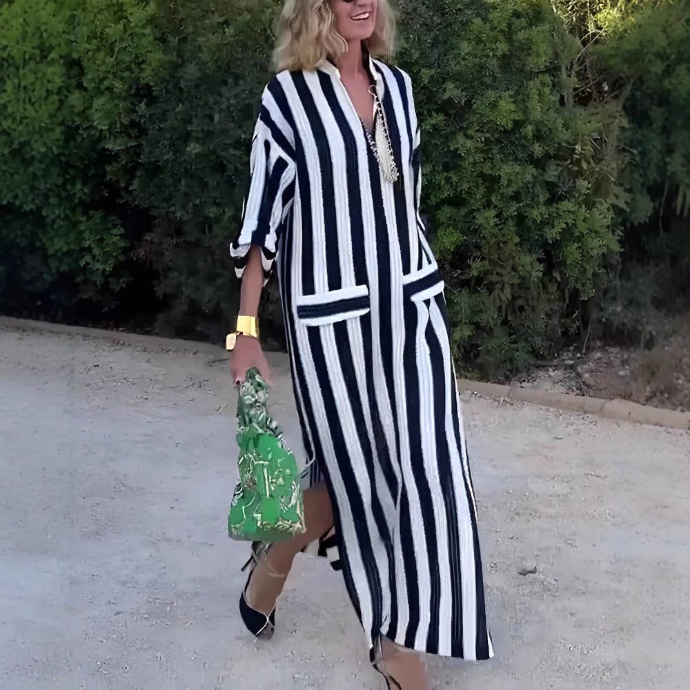 Women’s Maxi Dress – Relaxed Fit – V-Neck – Vertical Stripes – Breathable Blend