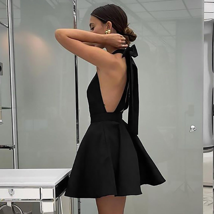 Women’s Halter Dress – Fit and Flare – A-Line Silhouette – Backless Elegant Cocktail Wear