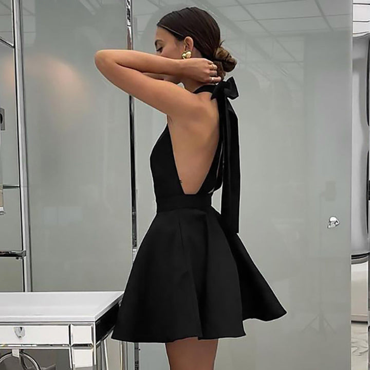 Women’s Halter Dress – Fit and Flare – A-Line Silhouette – Backless Elegant Cocktail Wear