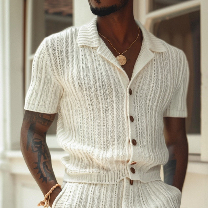 Men’s Knit Shirt and Shorts Set – Slim Fit – Button-Up Polo Collar – Breathable Matching Outfit