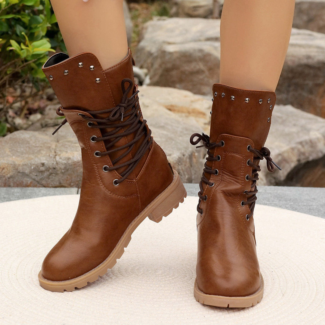 Women’s Mid-Calf Boots – Lace-Up – Chunky Heel – Studded Detail – Treaded Sole