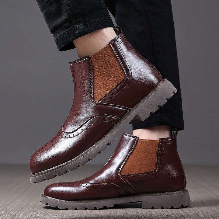 Men’s Chelsea Boots – Polished Leather – Brogue Detailing – Ankle High – Slip-On Fit