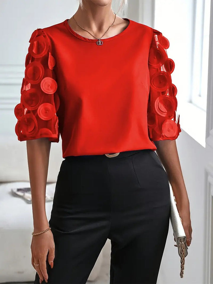 Women’s Short Sleeve Top - Relaxed Fit - Flared Sleeves - Sheer Lace Detail - Casual Wear