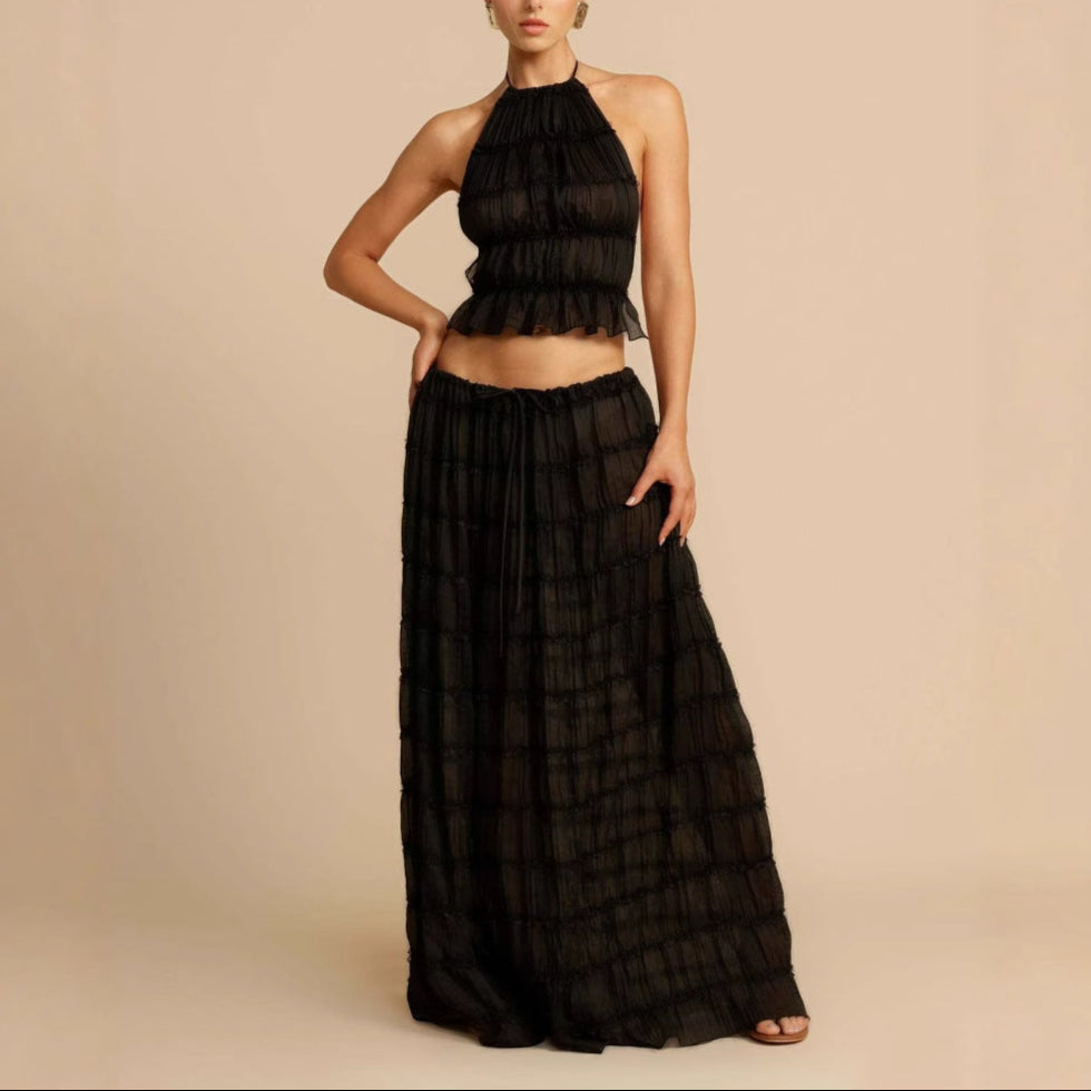 Women’s Two-Piece Set – Ruched Halter Top – Elastic Waist Maxi Skirt – Soft Stretch Fabric