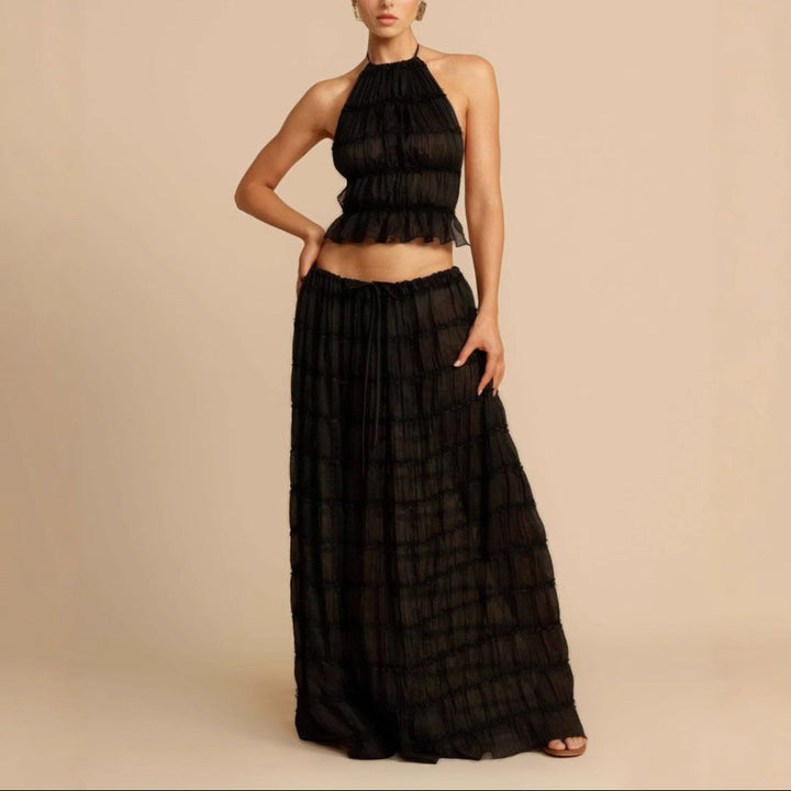 Women’s Two-Piece Set – Ruched Halter Top – Elastic Waist Maxi Skirt – Soft Stretch Fabric