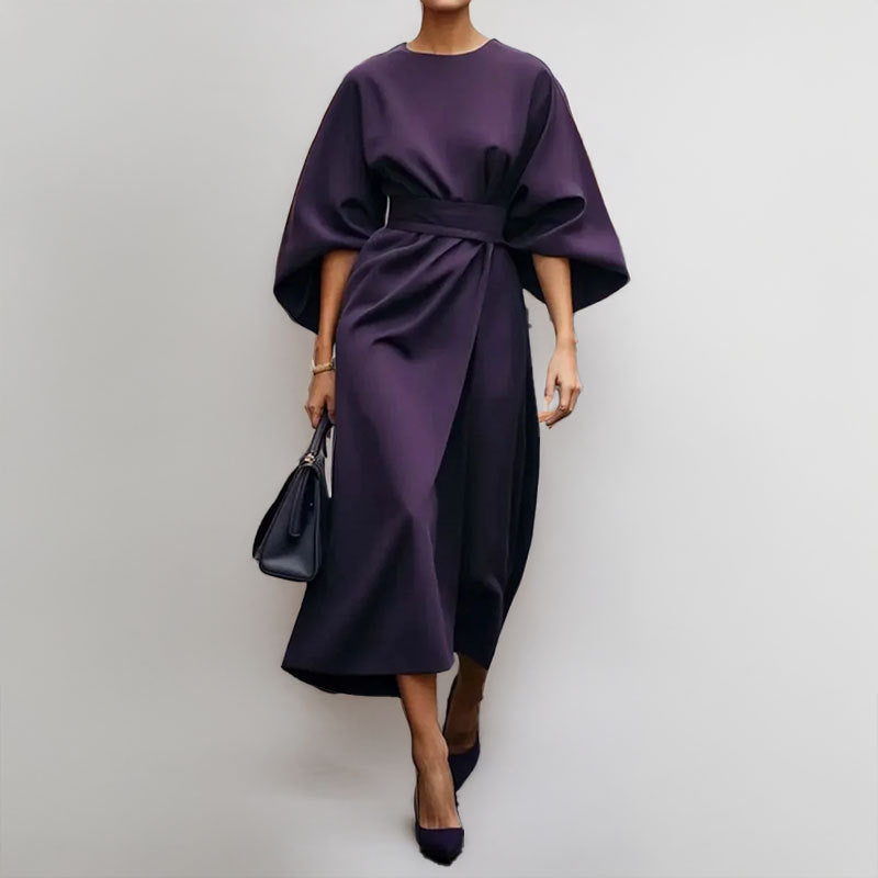 Women's Long Dress – Batwing Sleeve – Cinched Waist – Asymmetrical Draped Fit